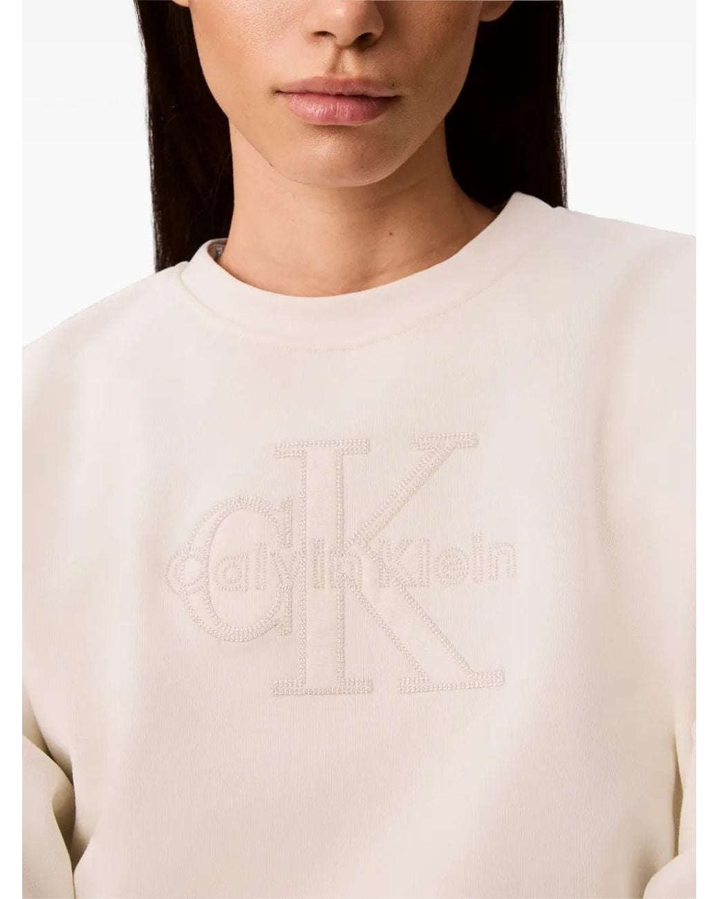 Calvin Klein White Logo-Embroidered Crew-Neck Sweatshirt