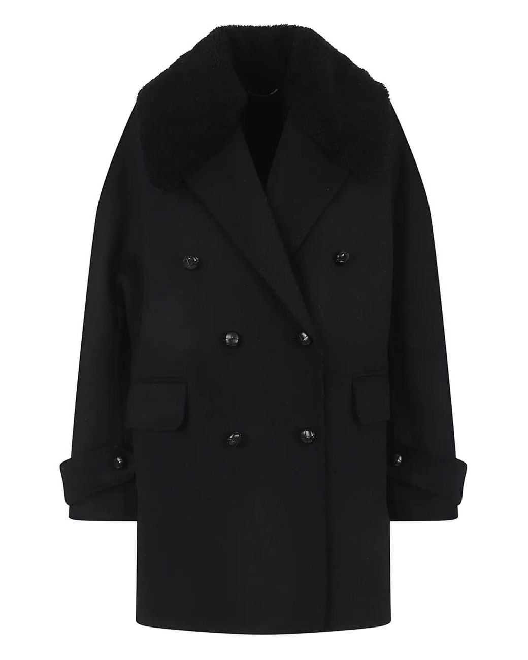 Ermanno Scervino Black Fur-Collar Double-Breasted Coat