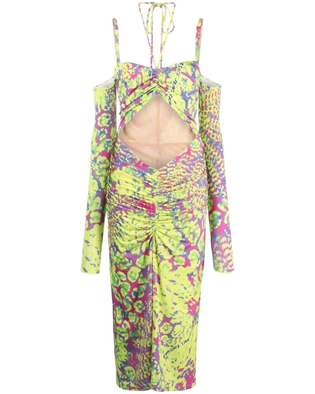 Versace Jeans Couture White Abstract-Print Off-Shoulder Midi Dress