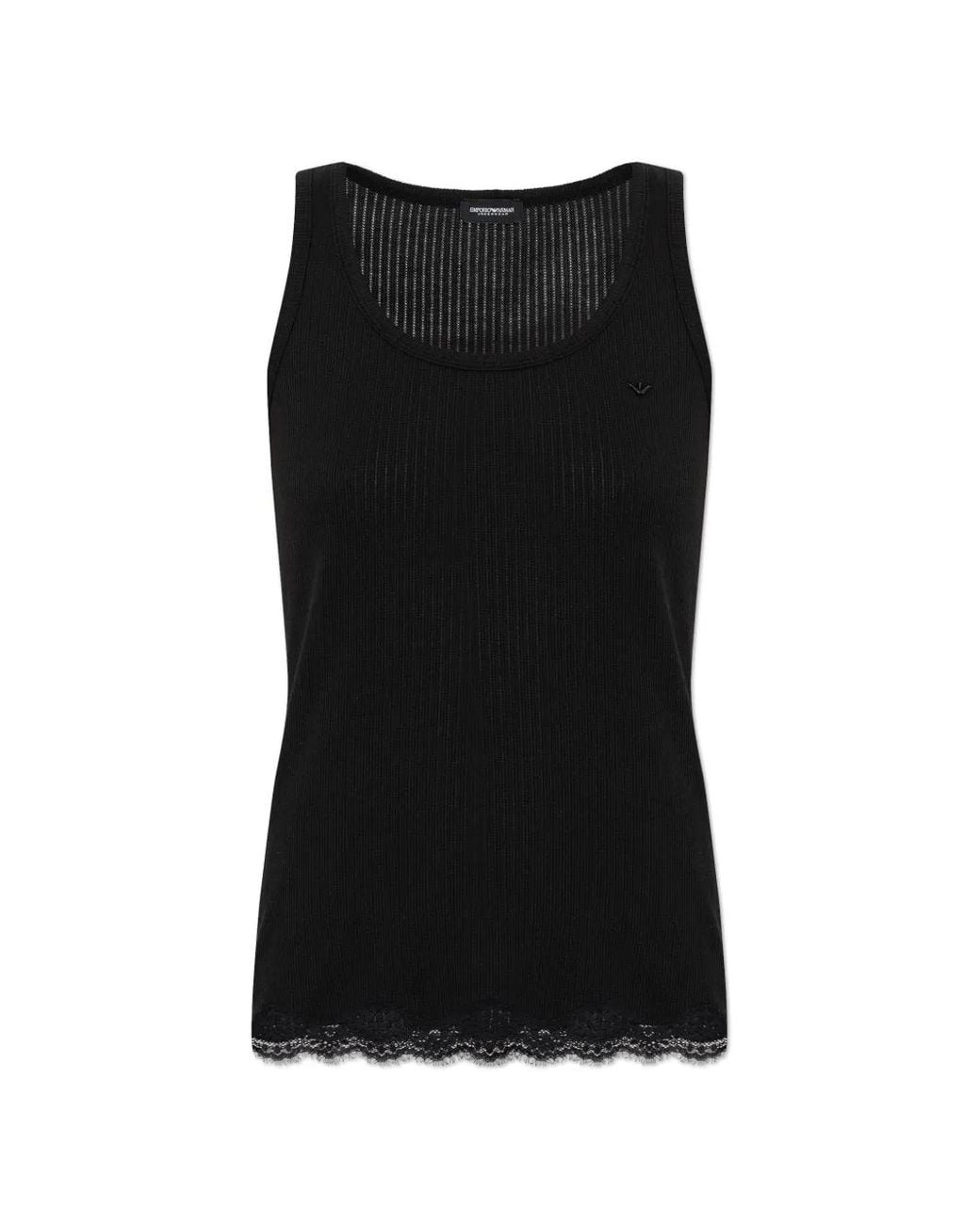 Emporio Armani Black Logo-Embroidered Lace-Trim Top