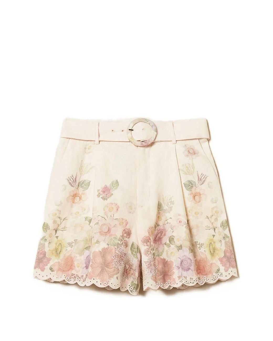 Twinset Natural Floral-Print Linen Shorts