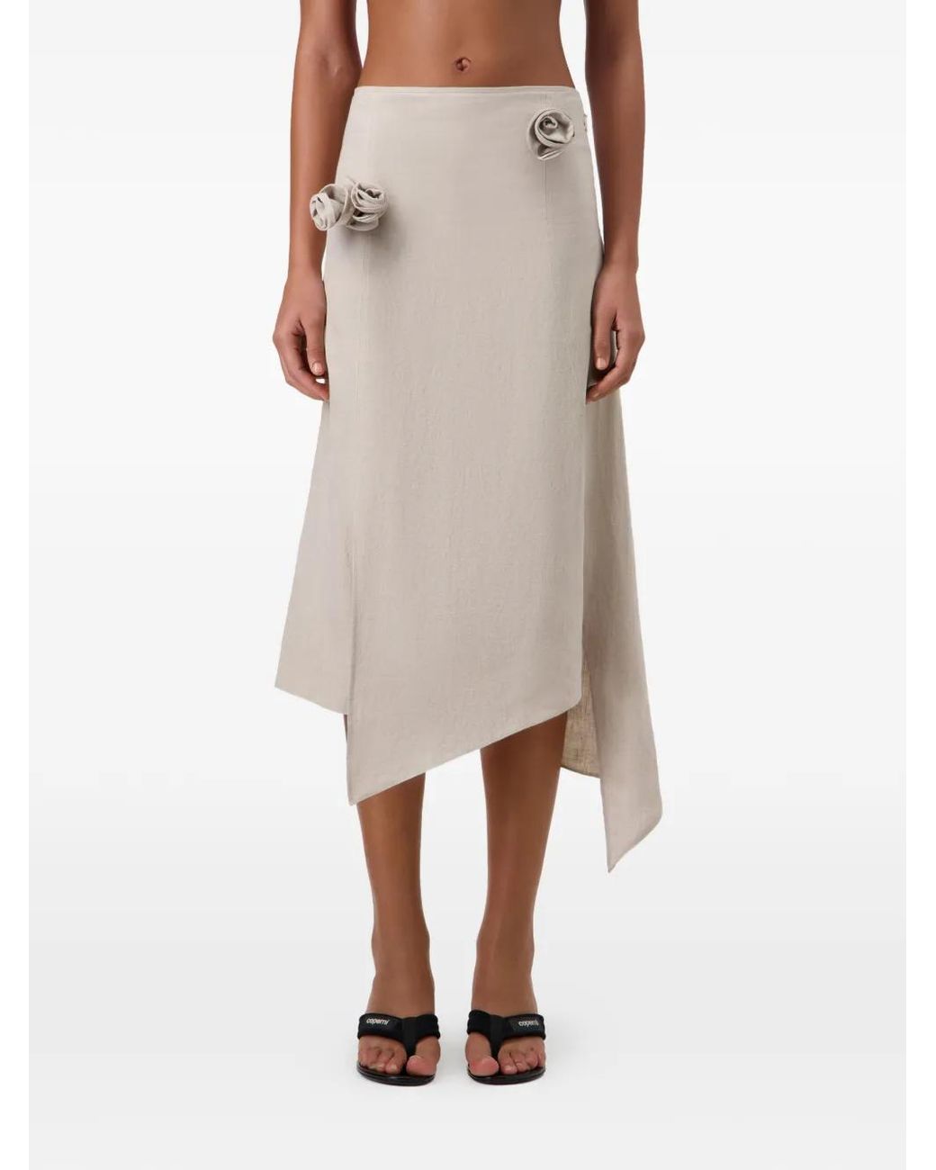 Coperni White Asymmetrical Linen Midi Skirt With 3D Flower Applique On The Front