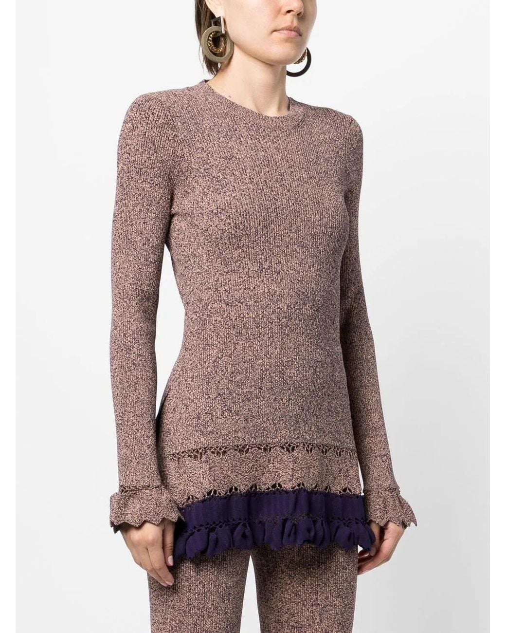Ulla Johnson Brown Ribbed Ruffle-Trim Jumper