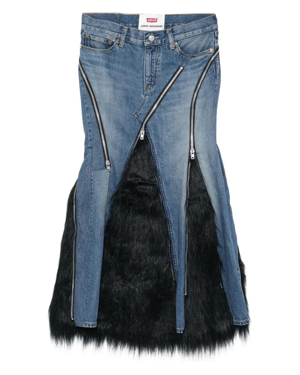 Junya Watanabe Blue Faux Fur Denim Asymmetric Skirt