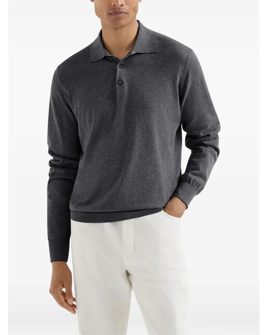 Brunello Cucinelli Gray Cotton Lightweight Knit Polo Shirt for men