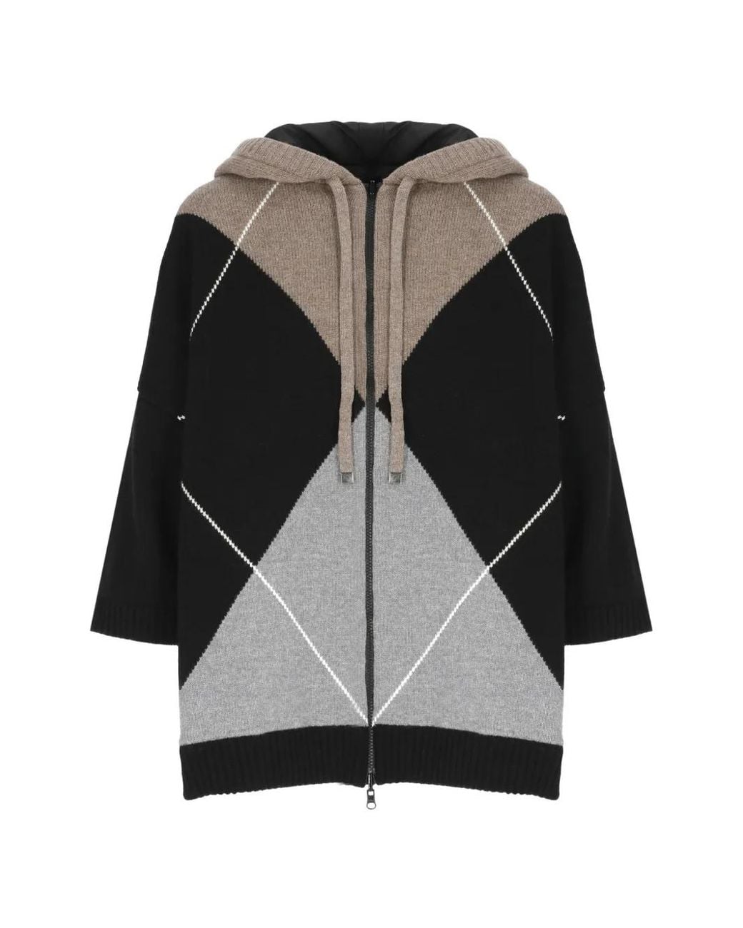 Kangra Black Argyle-Knit Hooded Hoodie