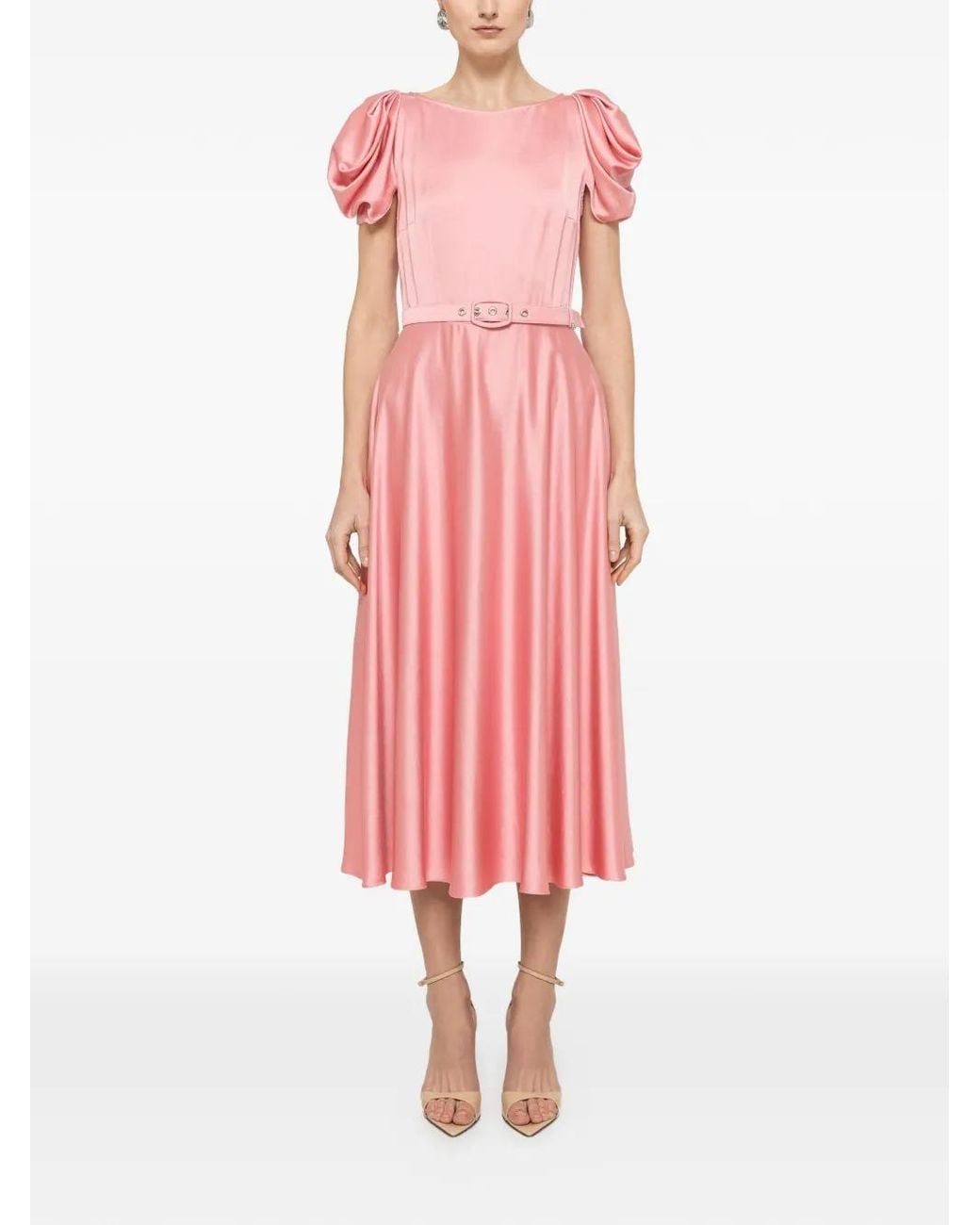 Nissa Pink Robe Mi-Longue En Viscose À Taille Ceinturée