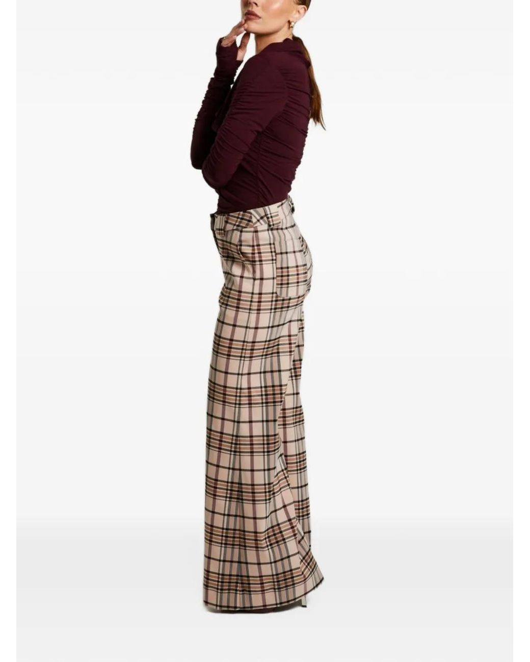 LIZ SKORSIS Natural Check Maddix Wide-Leg Trousers