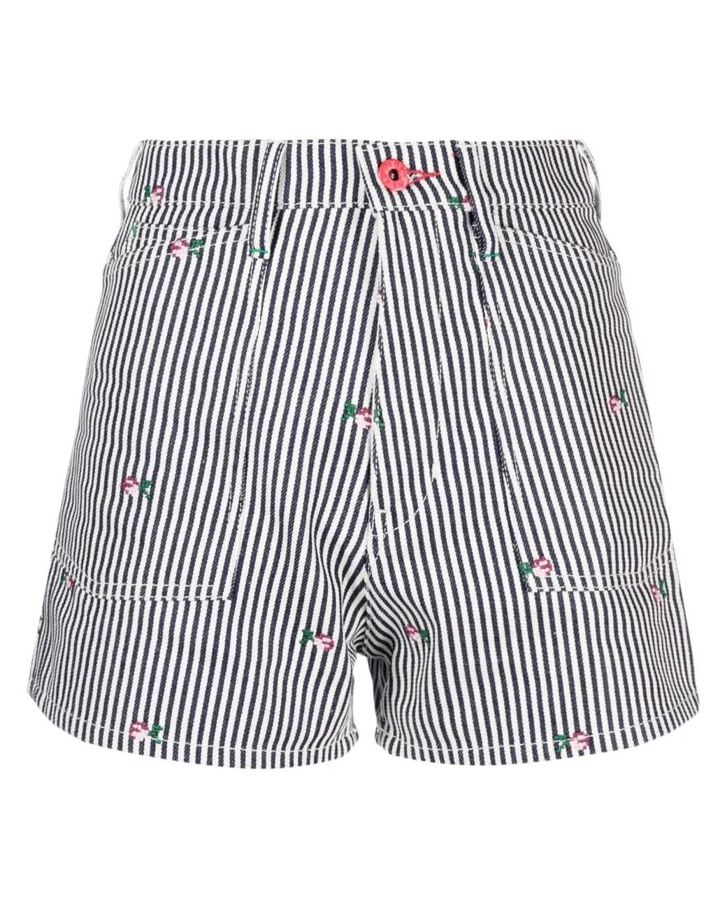 KENZO White Striped Embroidered High-Waisted Shorts