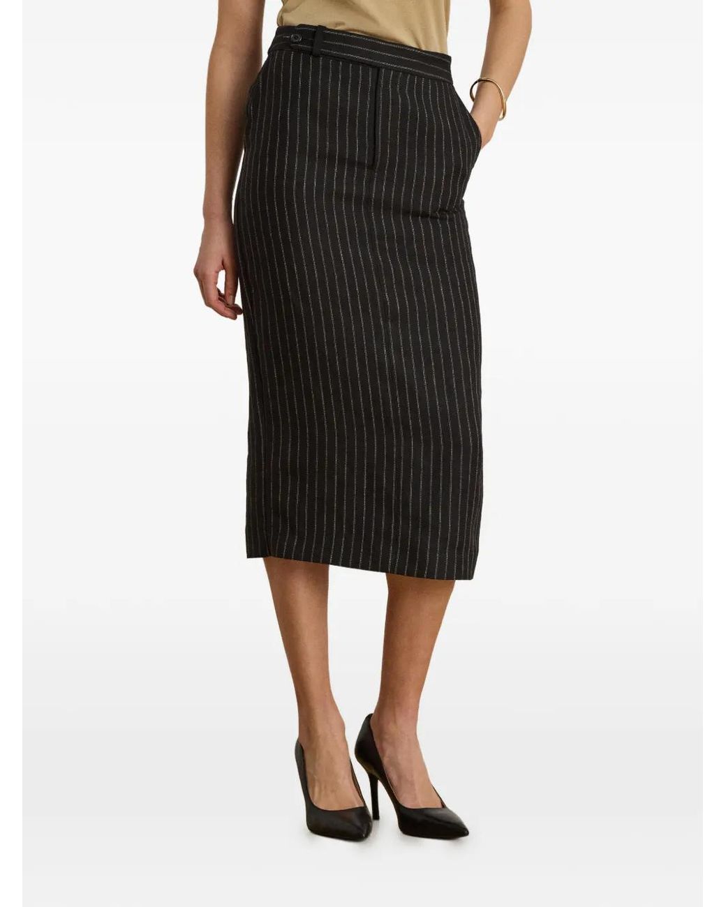Ralph Lauren Black Chalk-Stripe Linen Midi Skirt