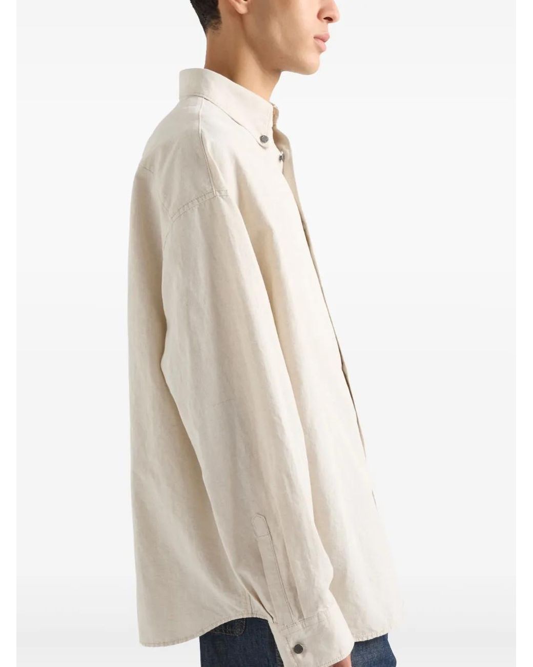 Prada Natural Triangle-Logo Regular-Fit Cotton And Linen-Blend Chambray Shirt for men