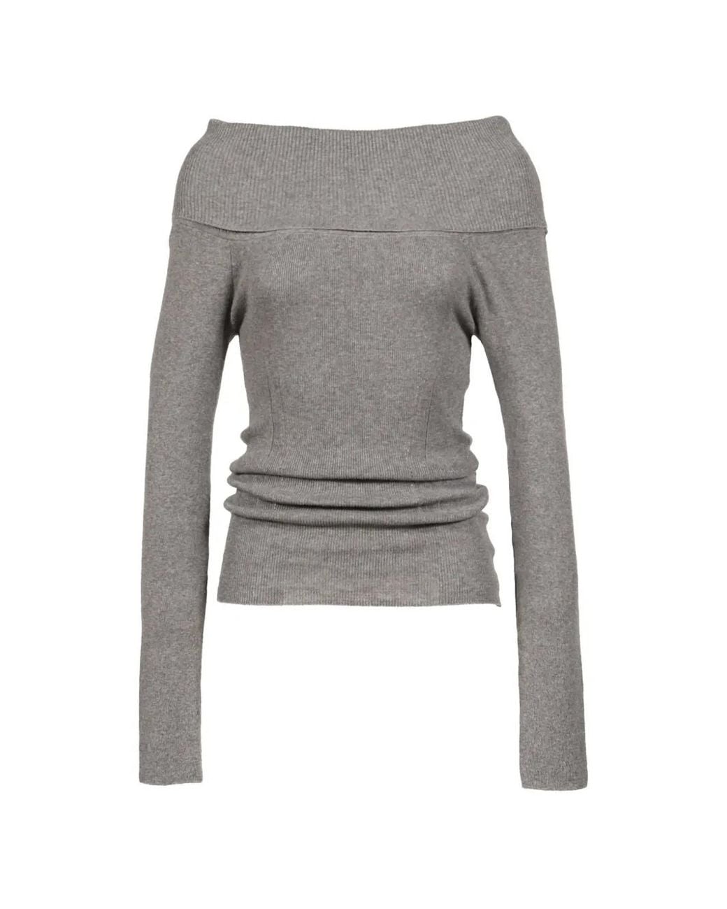 BOHEMSEO Gray Off-Shoulder Ribbed Sweater
