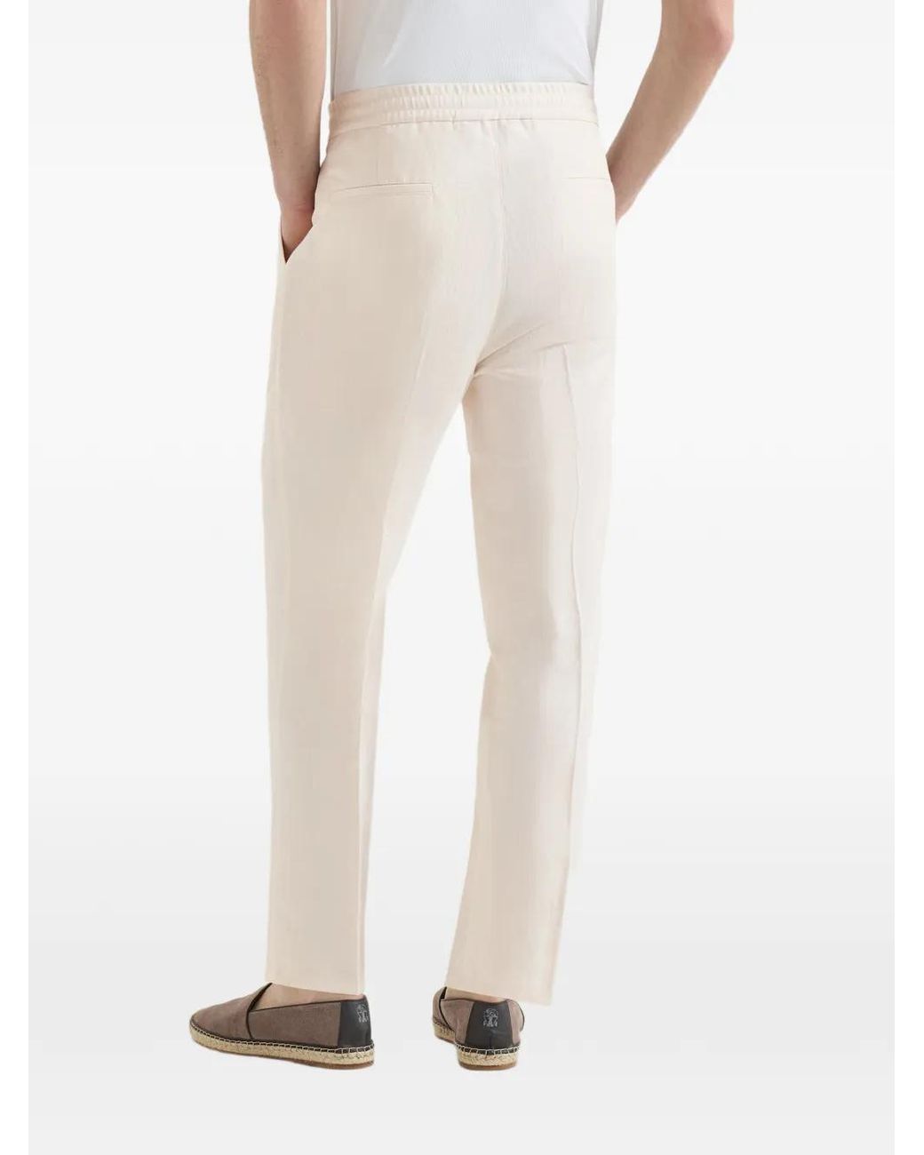 Brunello Cucinelli White Linen And Cotton Drill Trousers With Drawstring And Double Pleats for men