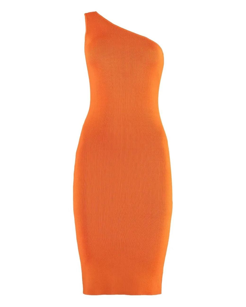 Yves Salomon Orange Robe Mi-Longue À Une Épaule