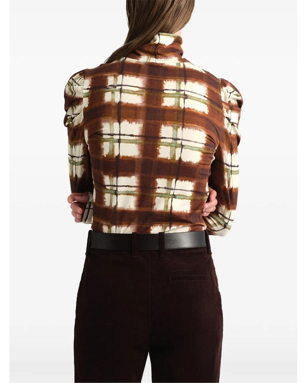Cara Cara Brown Chira Plaid Puff-Sleeve T-Shirt