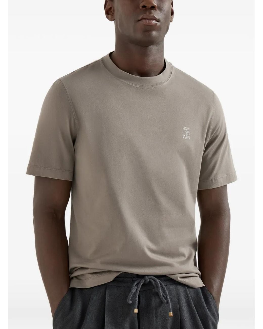 Brunello Cucinelli Gray Cotton Jersey Crew Neck T-Shirt With Logo for men