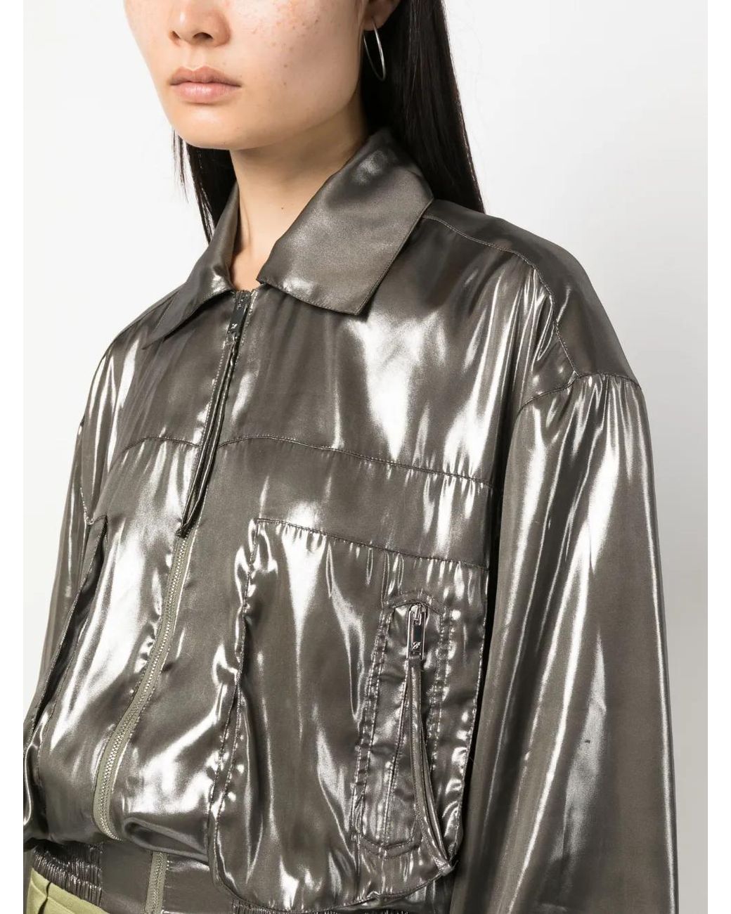 Blumarine Black Pointed-Collar Metallic Bomber Jacket