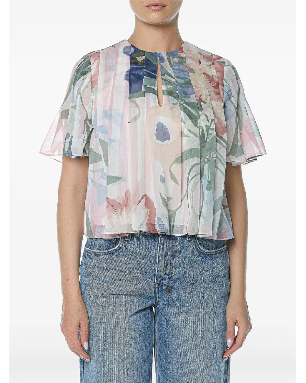 Ted Baker Blue Pleated Floral-Print Top