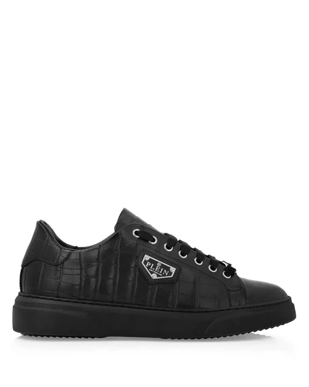 Philipp Plein Black Iconic Plein-Plaque Crocodile-Effect Sneakers