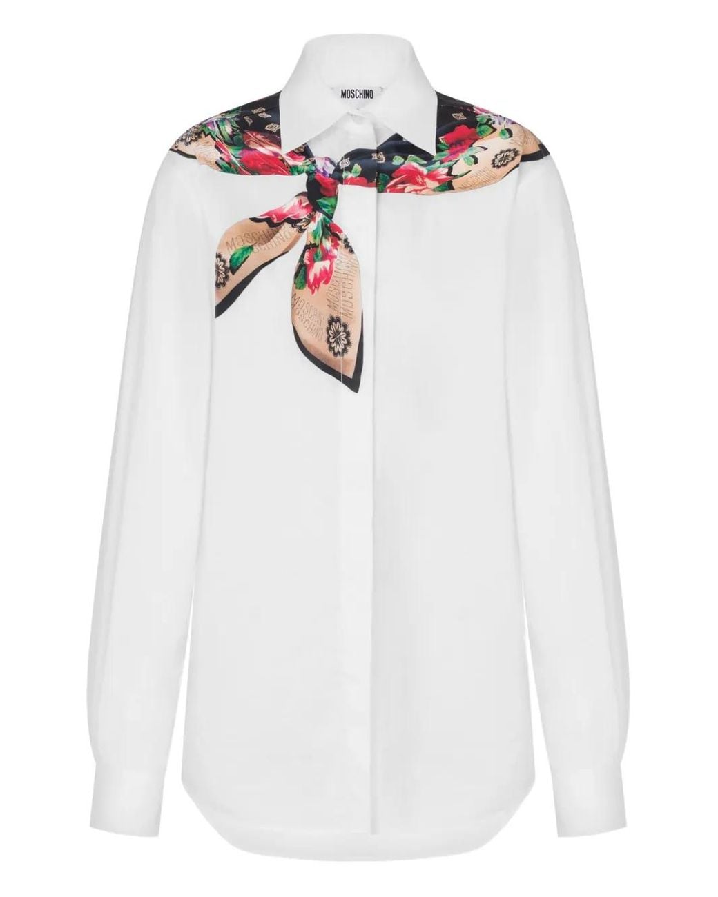 Moschino White Floral-Pattern Scarf-Embellished Shirt