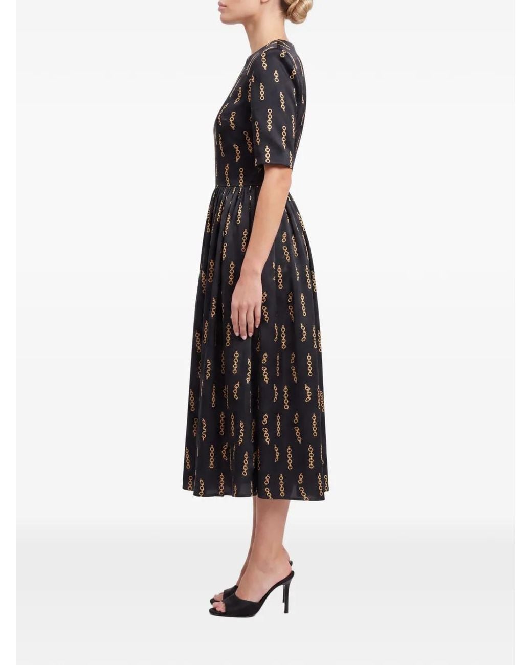 POST MERIDIEM Black Chain-Print Gathered Midi Dress