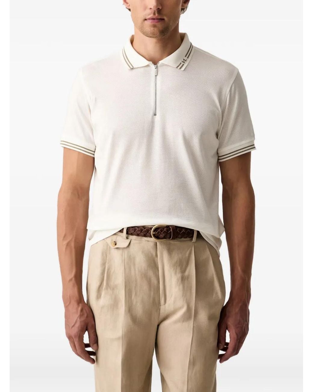 Karl Lagerfeld White Zip-Fastening Tipped Polo Shirt for men