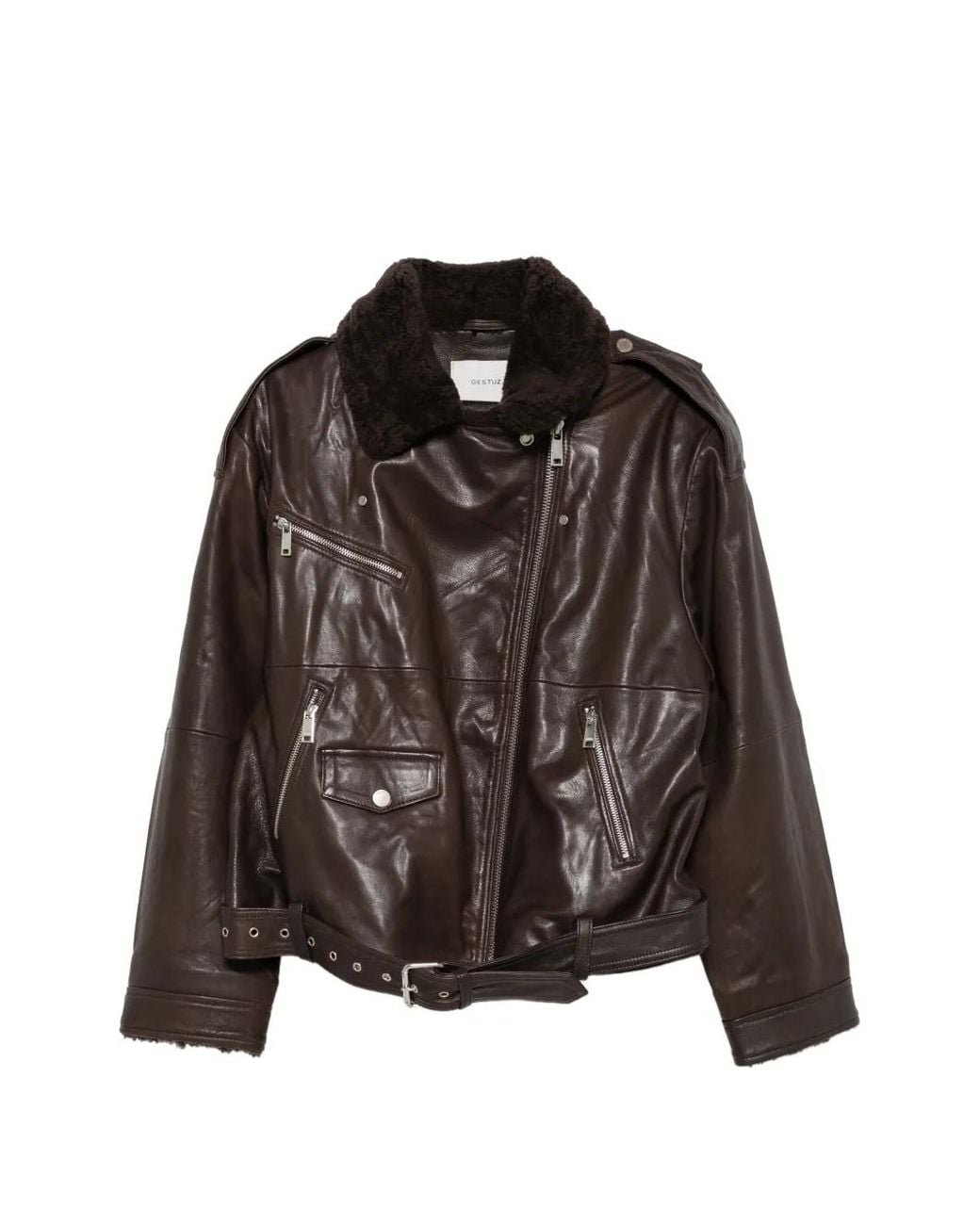 Gestuz Brown Veste Ceinturée À Col En Peau Lainée