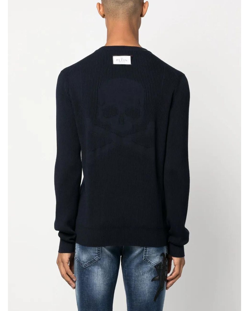 Philipp Plein Blue Skull&Bones Merino Knit Jumper for men