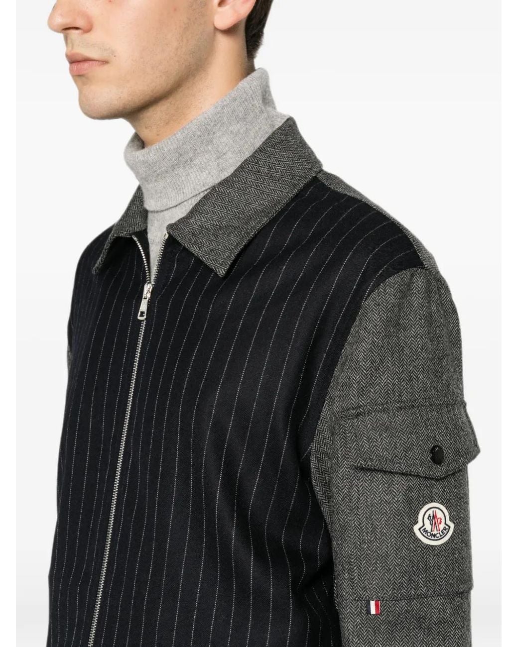 Moncler Black Herringbone Wool Blend Zip-Up Shirt for men