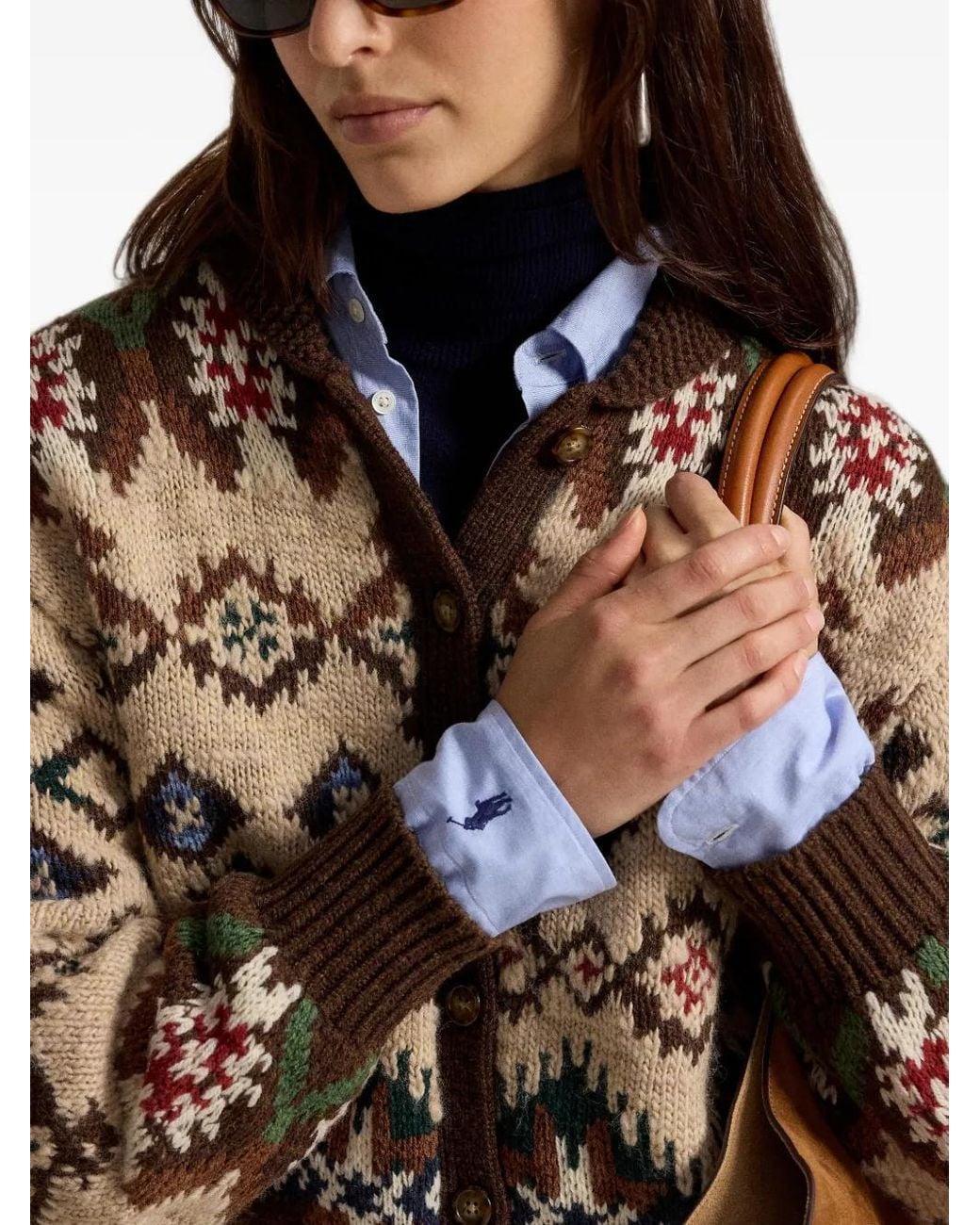 Polo Ralph Lauren Brown Patterned Balloon-Sleeve Cardigan