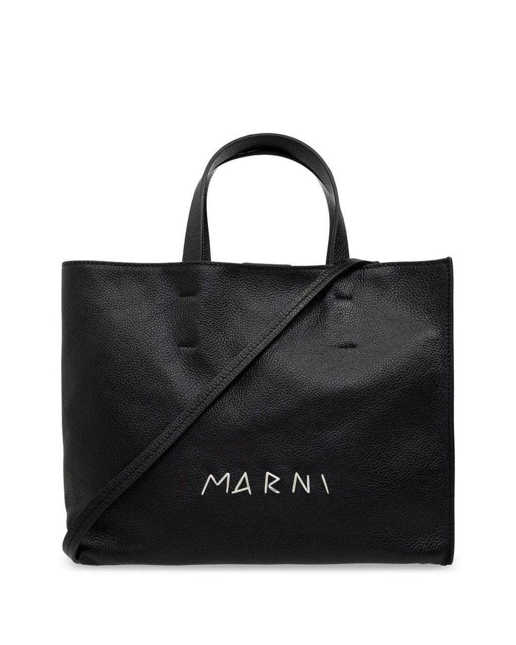 Marni Black Leather Museo Soft Tote Bag With Embroidery