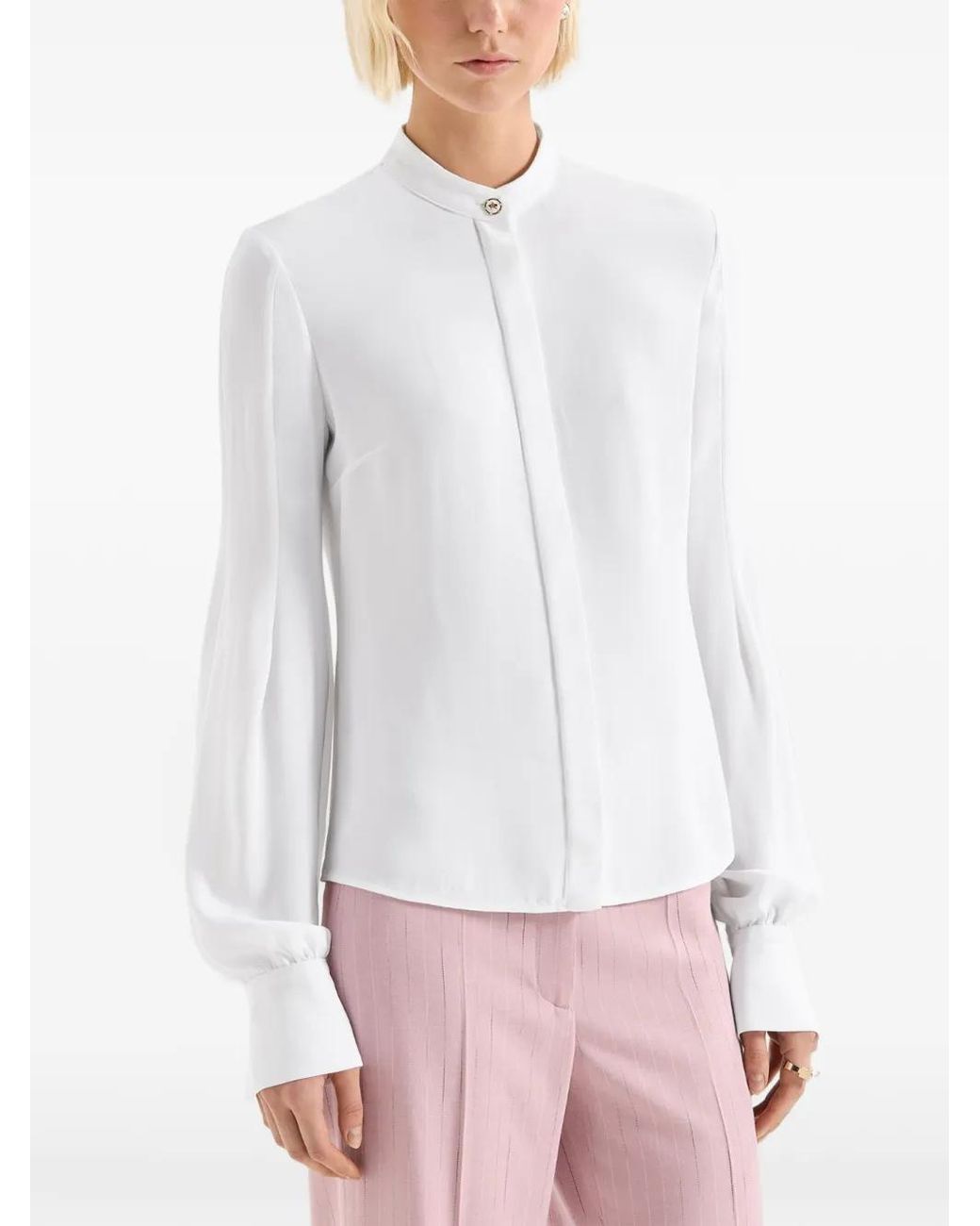 Genny White Mandarin-Collar Long-Sleeve Shirt