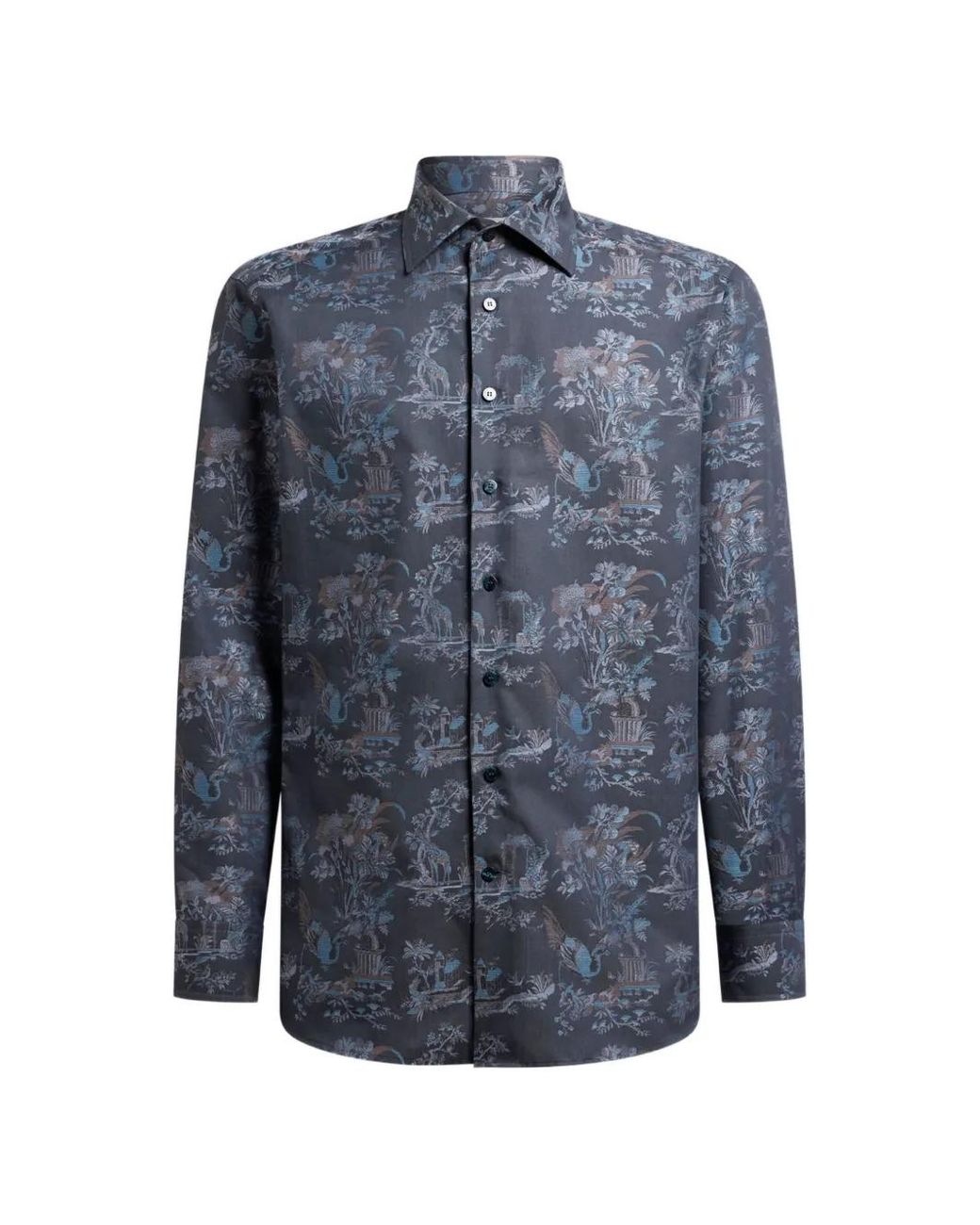 Etro Blue Cotton Jacquard Shirt With Flower Animal-Motif for men