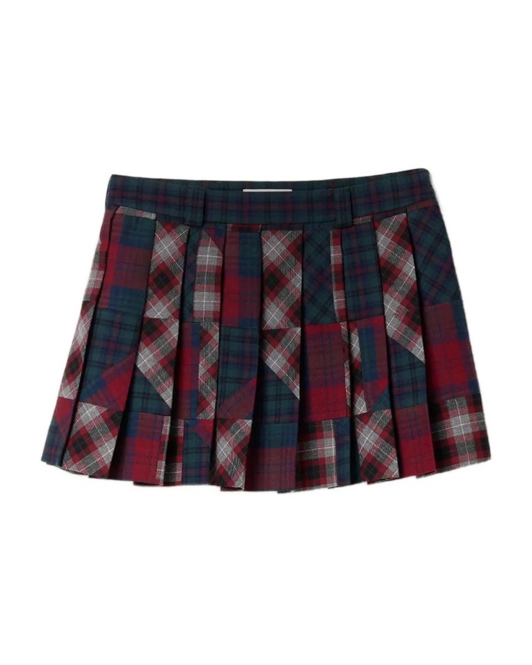 Miu Miu Red Pleated Plaid Patchwork Miniskirt