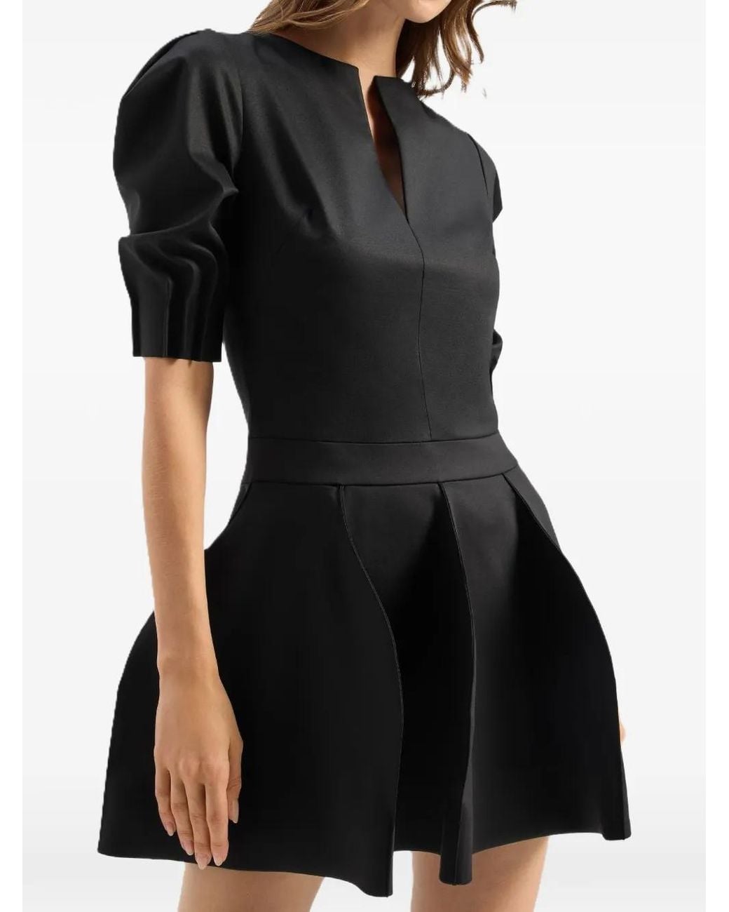 Genny Black Pleated Puff-Sleeve Mini Dress
