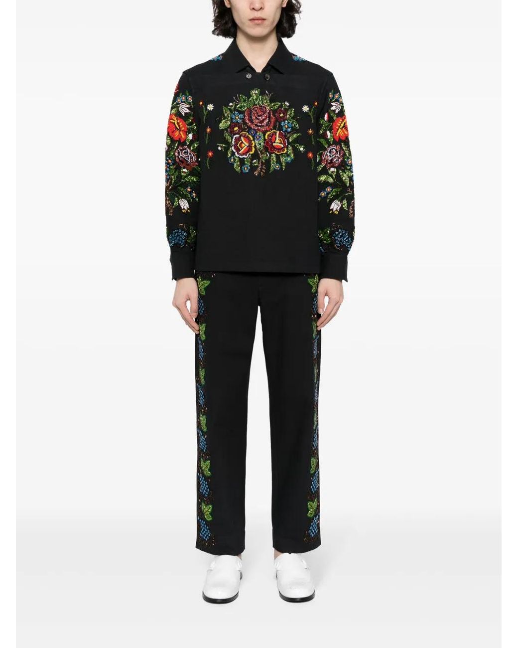 Bode Black Beaded Concord Embroidered Trousers for men