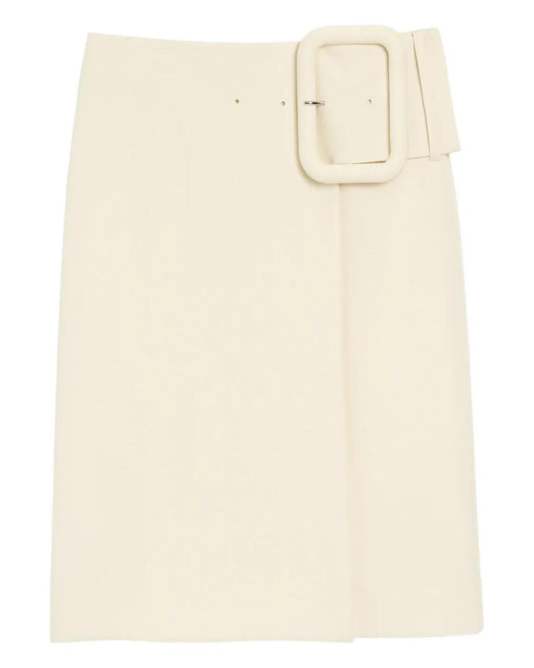 AMI Natural New Wool Big Buckle Belted Midi Skirt