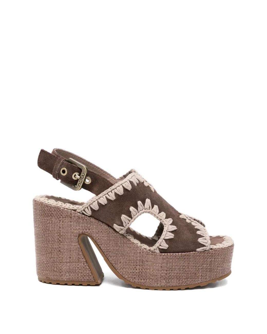 Mou Brown Crochet-Trim Platform Sandals