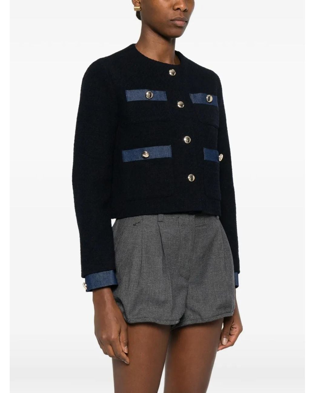 Maje Black Tweed Jacket With Denim Trim