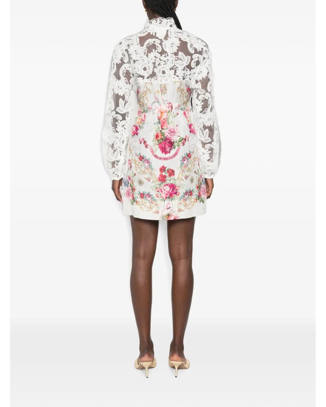 Camilla White Lace-Panelled Floral-Print Mini Dress