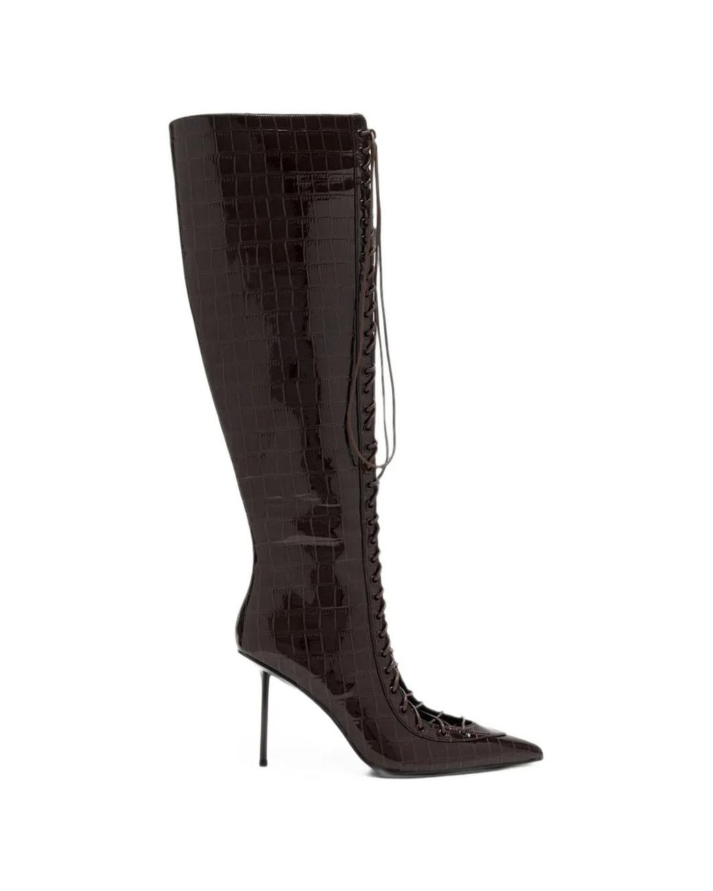 Femme LA Black Croc-Effect Lace-Up Knee-High Boots