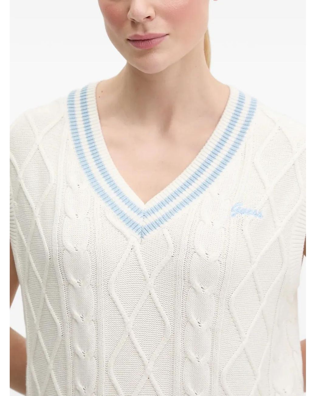 Guess Blue Striped-Trim Cable-Knit Vest