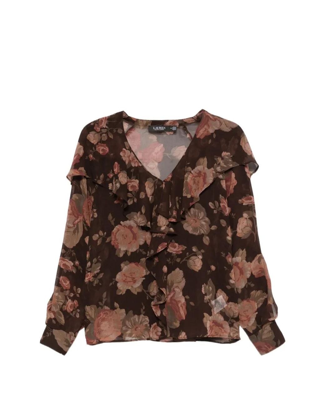 Ralph Lauren Brown Floral-Print Ruffled Blouse