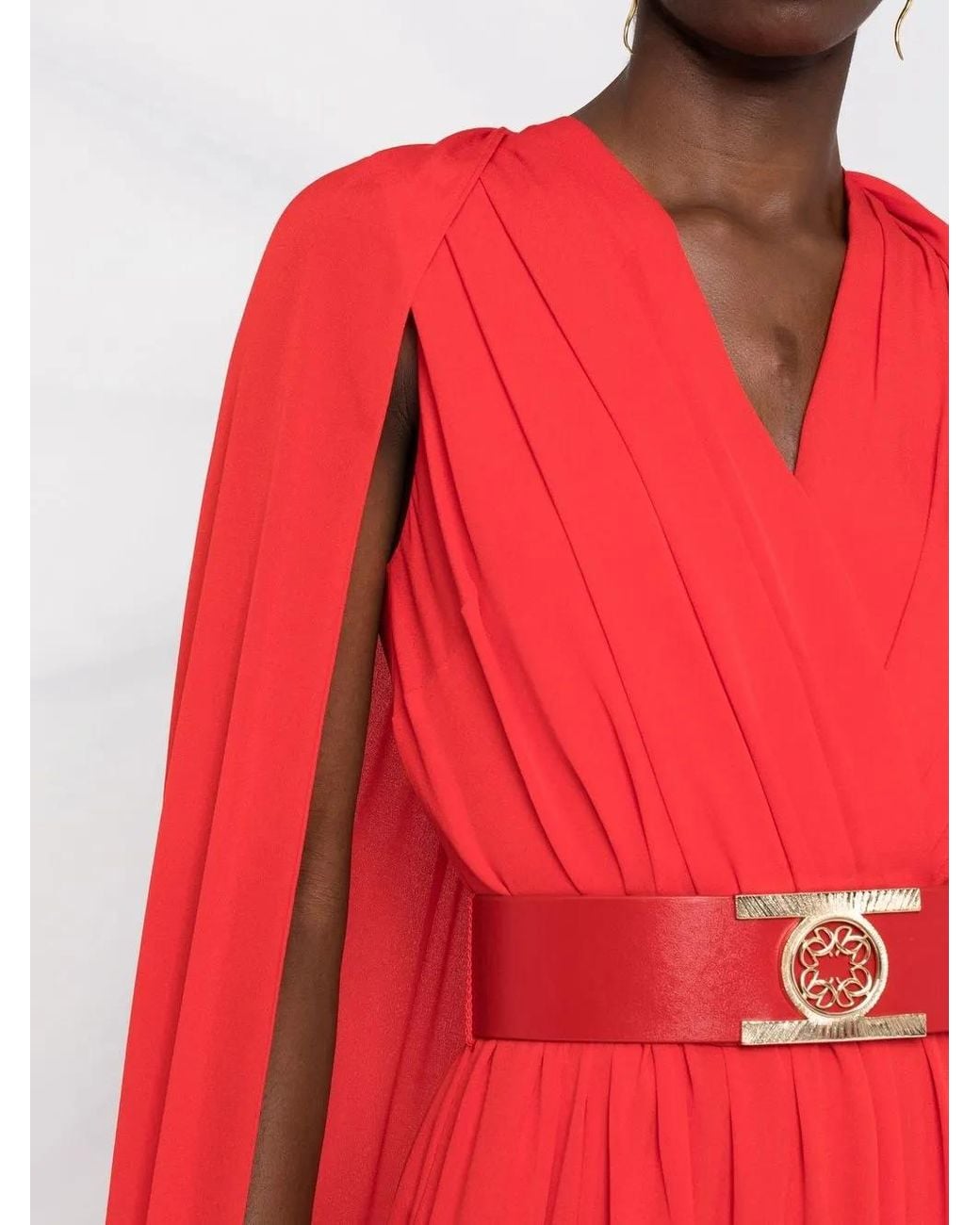 Elie Saab Red Belted Cape-Effect Silk Gown