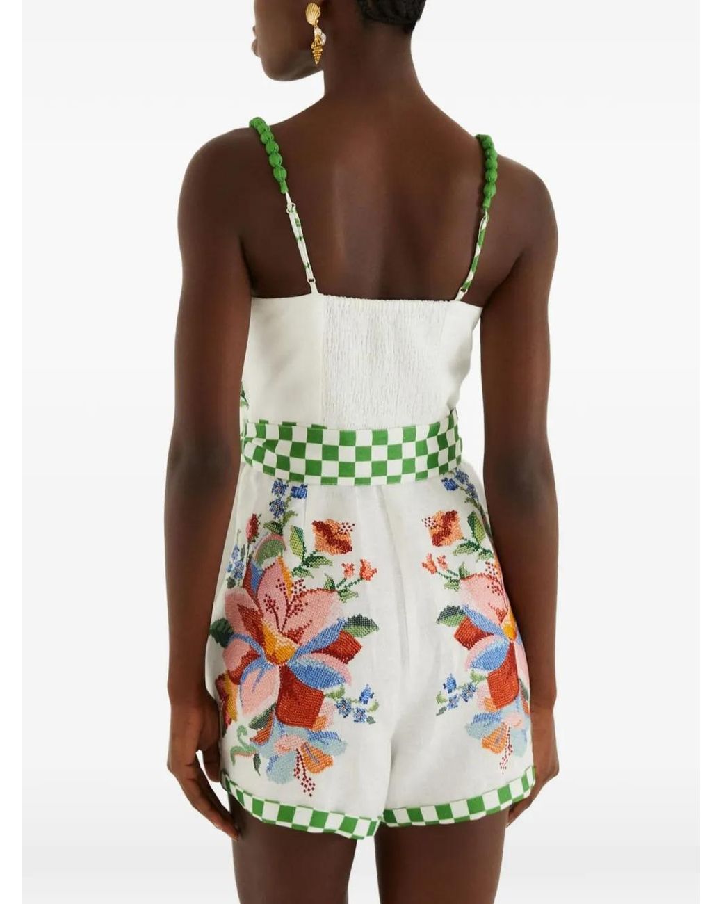 Farm Rio Green Calm Breeze Beaded Straps Belted Romper