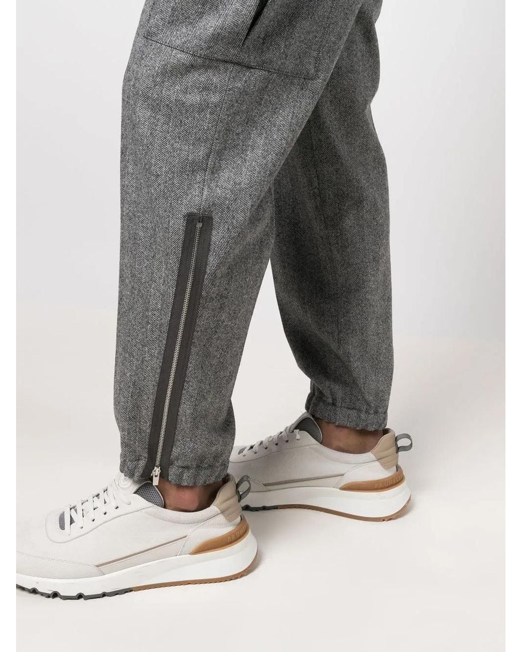 Brunello Cucinelli Gray Chevron-Knit Zipped-Ankles Trousers for men