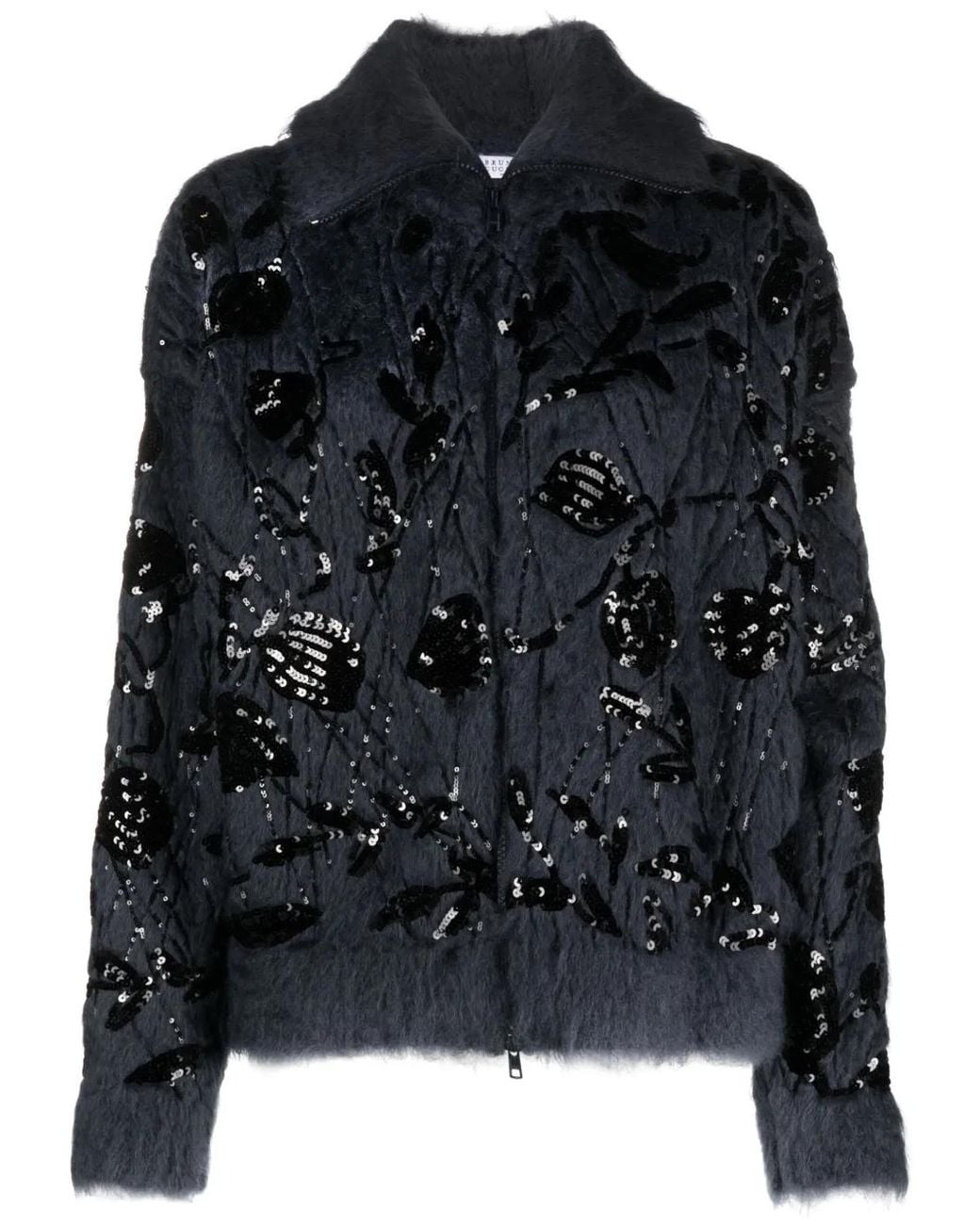 Brunello Cucinelli Black Floral Sequin Zip-Up Cardigan