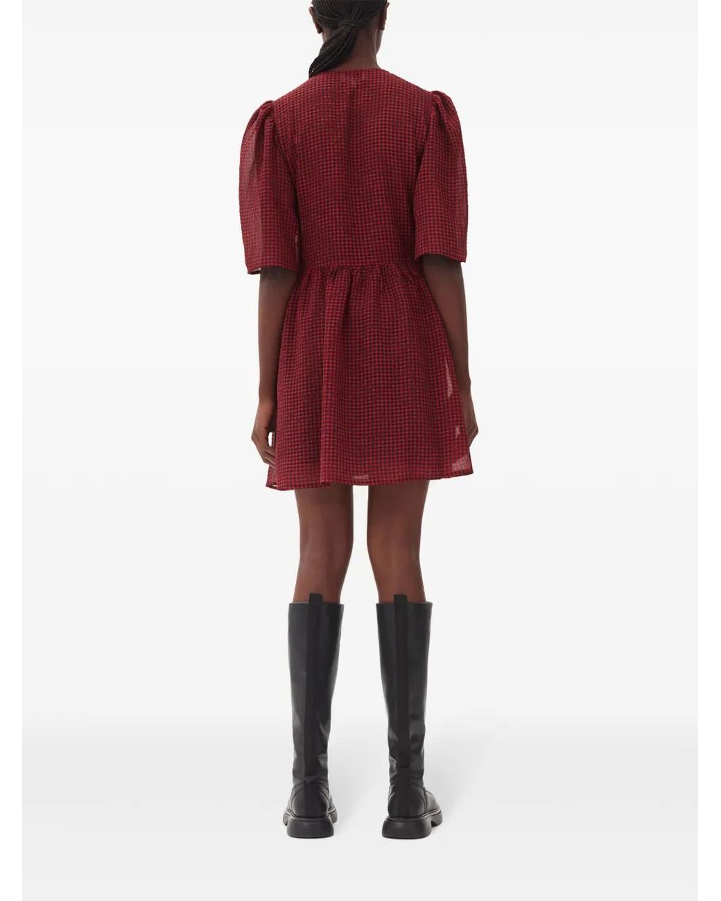 Ganni Red Gingham-Print Mini Wrap Dress