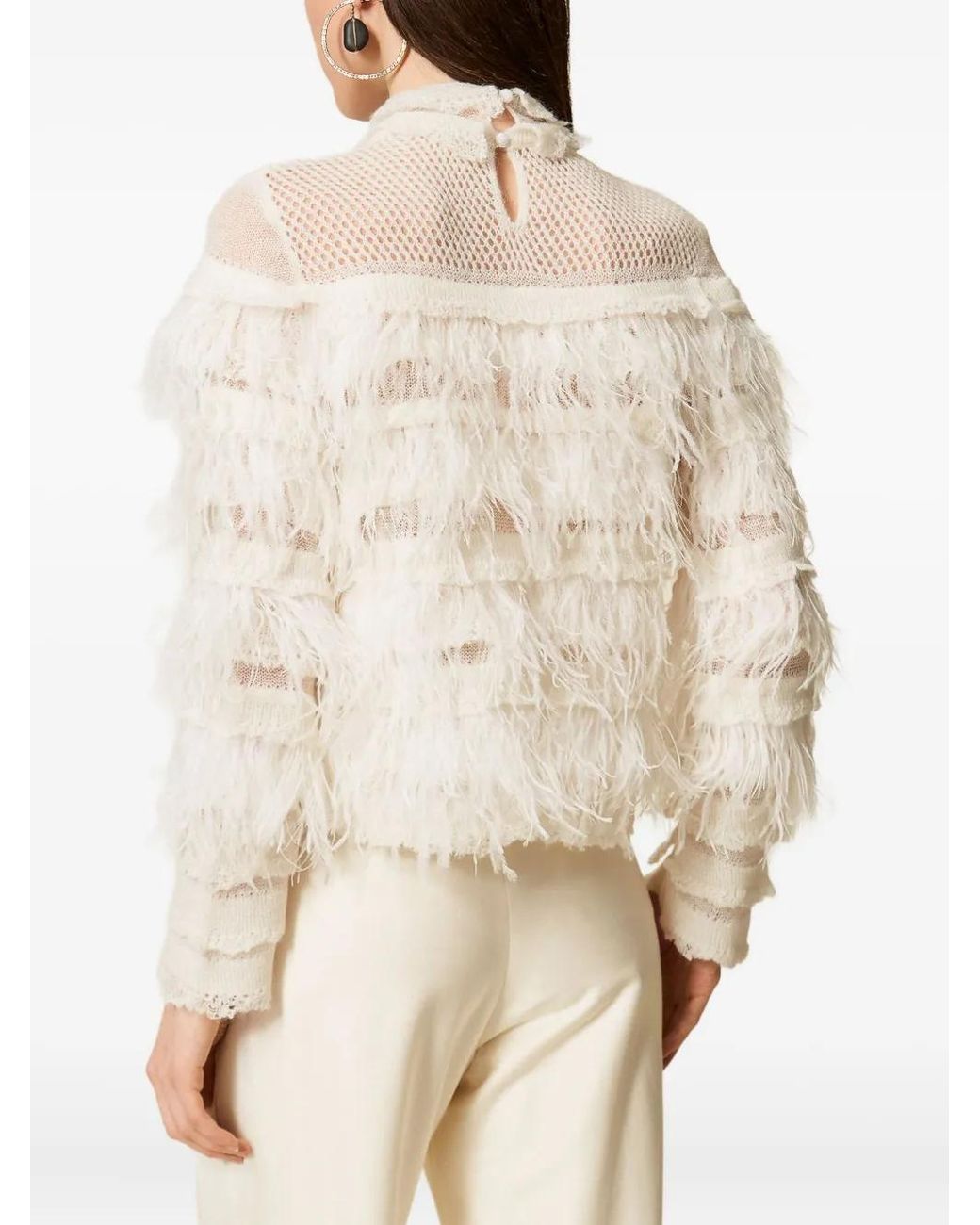 Twinset White Feather-Embellished Ruffled Jumper