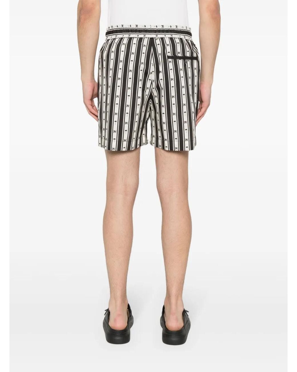 Palm Angels Black Monogram-Print Striped Shorts for men
